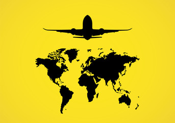 Vector illustration of passenger plane above world map silhouette. Template design of jet and world map.