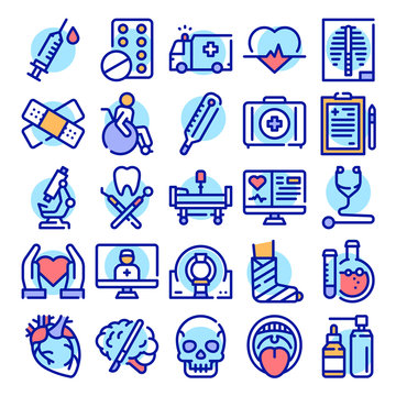 Healthcare system color linear icons set. Vector illustration