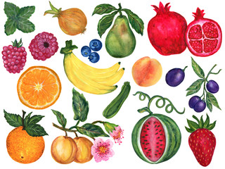 Watercolor Set vegetable and fruits seasons summer spring garden and tropical Hand-Painted Isolated on white background