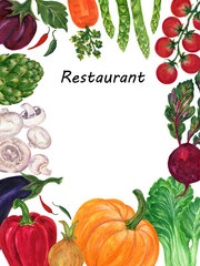 Beautiful frame invitation card with hand painted watercolor fruit and vegetable on white background stock illustration