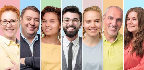 Collage of happy people faces. Men and women of different nation and age smiling at camera being...