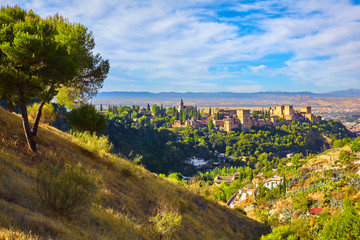 Naklejka premium Panoramic view of the Alhambra and Granada and the Sacromonte in Spain.