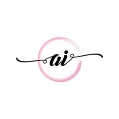 AI initial handwriting logo template round logo in watercolor color with handwritten letters in the middle. Handwritten logos are used for, weddings, fashion, jewelry, boutiques, flowers, and business