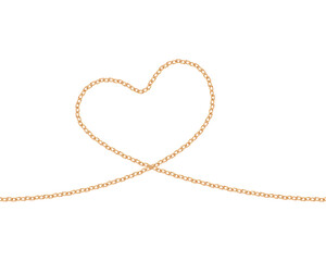 Realistic golden chain texture. Gold chains link heart isolated on white background. Love symbol jewelry chainlet three dimensional design element.
