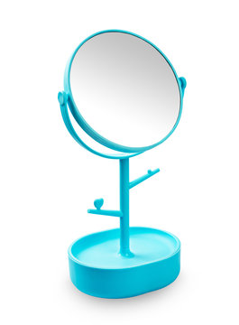 Blue makeup mirror isolated on white background.