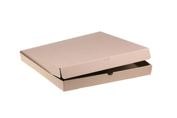 Empty pizza cardboard box isolated on white background