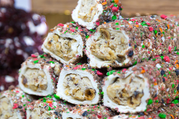 Turkish sweets Turkish delight and others in a shop window Oriental pastry on the counter.
