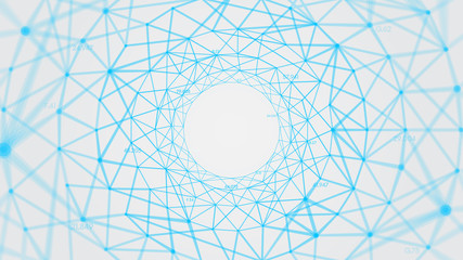 Abstract vector polygons plexus background with connected lines and dots forming a circle, digital data visualization