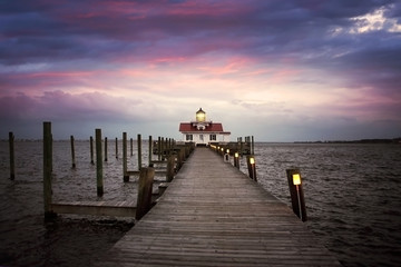 Fototapeta na wymiar The lighthouse Roanoke Island Festival Park, Outerbanks NC, USA. Soft blurry background.