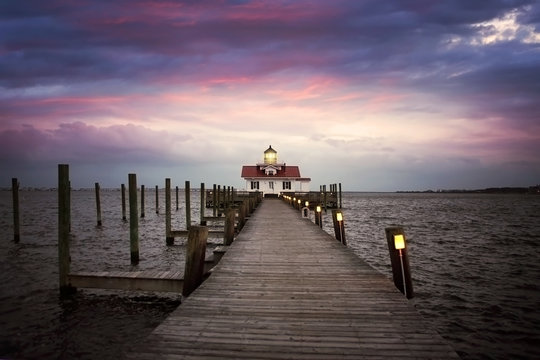 The lighthouse Roanoke Island Festival Park, Outerbanks NC, USA. Soft blurry background.