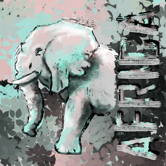 Artwork - elephant in blue pink and grey 