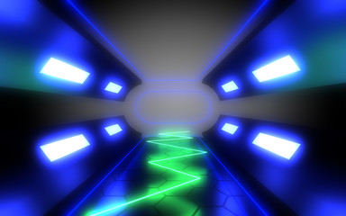 abstract architecture tunnel with neon light. 3d illustration