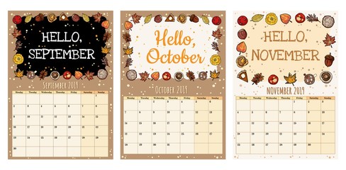 Cute cozy hygge 2019 autumn calendar planner with fall decor. September, October, November
