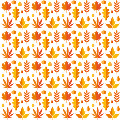 Fototapeta na wymiar Seamless pattern with autumn leaves of oak, Rowan, birch, maple in orange, red and yellow colors in vector. Perfect for Wallpaper, gift paper, pattern fill, web page background, autumn