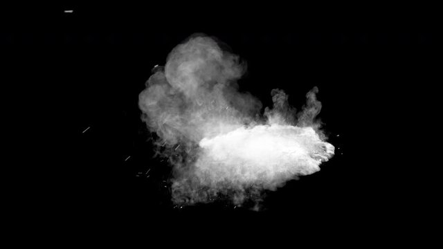 Bullet hits dry earth/mud/sand causing dusty burst and scattering of stones. The dust settles on the ground. Separated on pure black background, contains alpha channel.