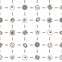 Hand drawn collection chocolate candies. Bonbon seamless pattern. Background with milk, dark and white chocolate pralines.  Isolated cocoa production. Outline Background