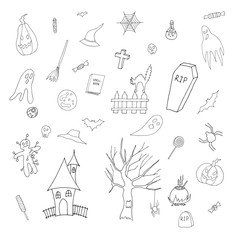 Hand drawn style outline vector set with Halloween illustrations and icons: pumpkin, ghost, cat, bat, candy.