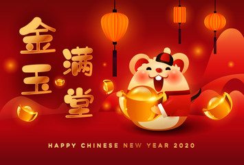 Fototapeta na wymiar Cute rat in Tang suit holding gold ingot wishing happy Chinese new year 2020.