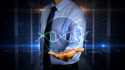 Businessman with biotechnology and DNA helix hologram