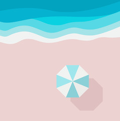 Azure sandy beach, piece of sea or ocean and beach umbrella, top view. Summer holiday background design template for web graphic, banner, flyer, card, brochure, leaflet. Vector flat illustration.