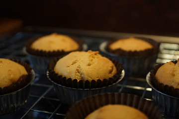 Close up Home made Banana cup cake in oven.