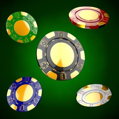 Flying casino chips. Casino game 3D tokens. Gambling concept, colorful poker chips with golden design elements.