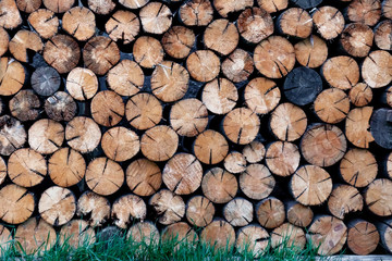 Natural abstract wooden timber background with texture of bundles of logs in rustic style. Raw materials for lumber. Harvesting firewood for the winter