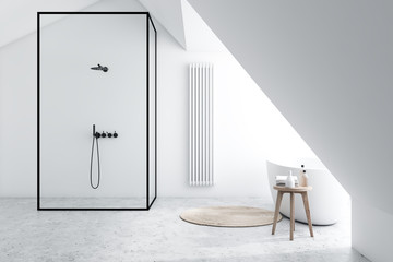 White bathroom interior, tub and shower