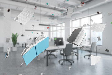 Office with flying documents and books