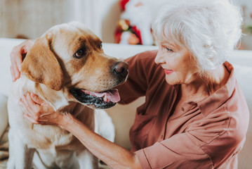 Happy old woman is looking on dog