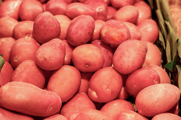 Fresh red potato piled on the market. Food backgroumd. Harvest
