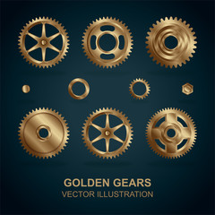 Gears. Golden gear vector illustration set.