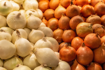 Fresh red and white onion piled on the market. Food backgroumd. Harvest