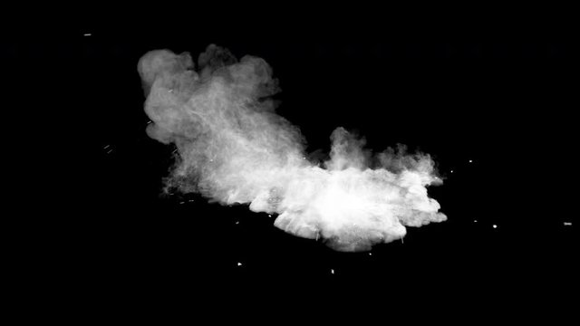Bullet hits blue powder causing dusty burst and scattering of pieces. The dust settles on the ground. Separated on pure black background, contains alpha channel.