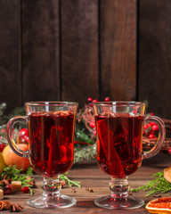 mulled wine, a fragrant drink and a festive mood atmosphere - concept New Year, Christmas. food background. copy space