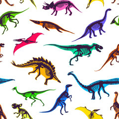 Obraz na płótnie Canvas Set of silhouettes, dino skeletons, dinosaurs, fossils. Hand drawn vector illustration. Realistic Sketch collection: diplodocus, triceratops, tyrannosaurus, doodle pattern
