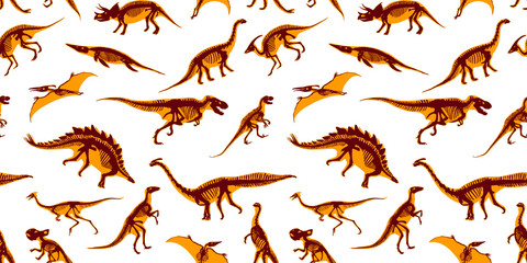 Set of silhouettes, dino skeletons, dinosaurs, fossils. Hand drawn vector illustration. Realistic Sketch collection: diplodocus, triceratops, tyrannosaurus, doodle pattern © Gluiki