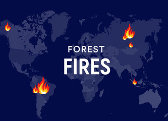 Breaking News bushfires Poster concept. Fires places on world map, forest fires centres. Banner design template for news, social media or web. Vector graphic. EPS10.