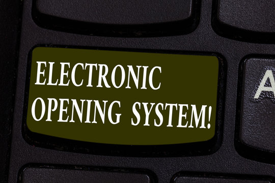 Conceptual hand writing showing Electronic Opening System. Business photo showcasing Electronic access control system Keycards Keyboard key Intention to create computer message idea