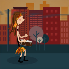 Female drums performacing batucada in the streets