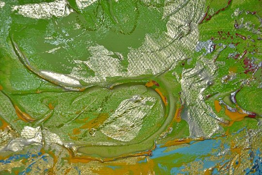 Eine Struktuierte Acrylmalerei in den Farben gr&uuml;n, orange und gold
