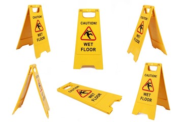 Set of  yellow wet floor sign isolated  on white - cleaning service  safety sign 