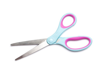 blue scissors isolated on a white background. School supplies.