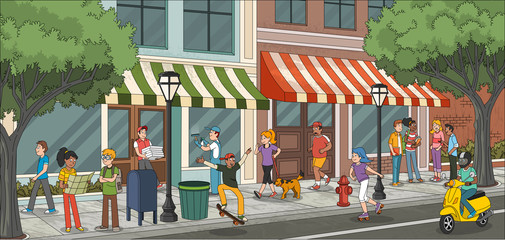 Street of a city with cartoon young people © denis_pc