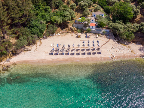 Aerial view of Arsanas beach, wild and small beach in the northeastern island of Thassos, Greece