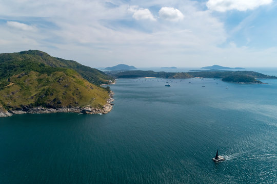 Aerial view drone shot of Laem krating viewpoint new landmark in Phuket Thailand,near promthep cape,beautiful scenery andaman sea in summer season