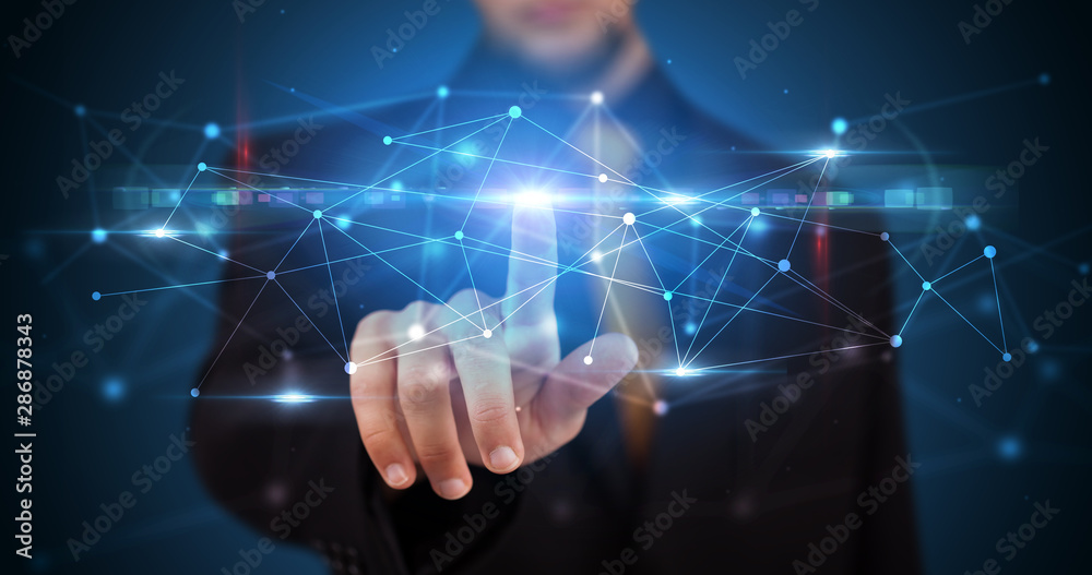 Poster Man touching hologram screen displaying modern web system