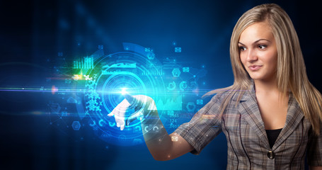 Woman touching hologram screen displaying medical symbols and charts