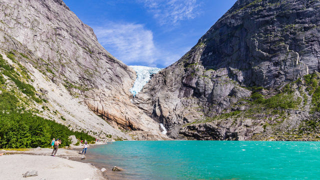 Briksdal glacier in Norway wel known arm of the large Jostedalsbreen glacier in Oldedalen valley in Norway, Scandinavia.