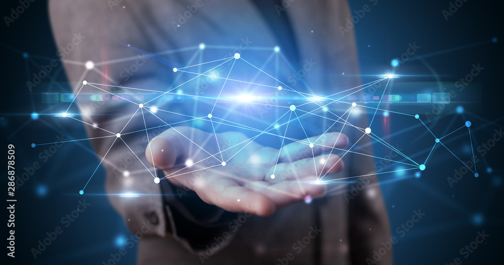 Poster Handsome person holding hologram screen displaying modern cloud based web system technology